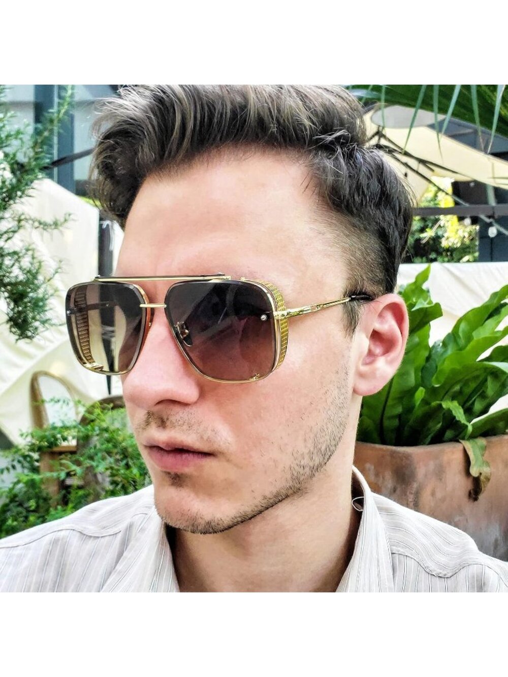 Men's Gold Frame Brown Lens  Vintage Metal Side Shield Steampunk Sunglasses 64mm - Picture 2 of 6